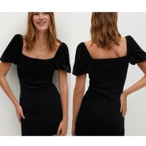Mango Black Velvet Puff Sleeve Elastic Mini Dress Size 4